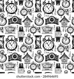 Hand drawn clocks and watches. Vintage hand drawn sketch seamless pattern. Vector illustration