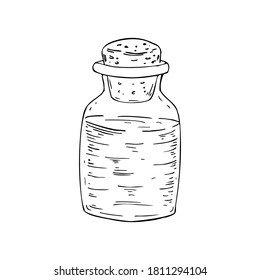 Hand drawn closed bottle with a stopper for essential oils, medicines. Vector illustration in sketch style