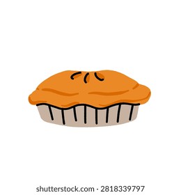 Hand drawn closed pie side view with golden baked crust, classic round shape in brown and cream colors.