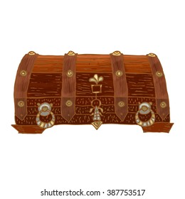 Hand drawn closed pirate treasure chest. Vector illustration isolated on transparent background. Old wood pirate box with gold coins.