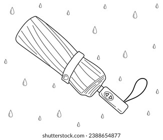 Hand drawn closed umbrella with raindrops, against the background of rain. Rain protection, tied closed parasol in doodle style. Sketch of Closed umbrella isolated. Accessory for rainy weather. Vector