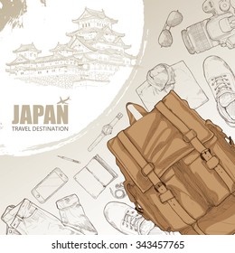 Hand drawn clothes and accessories on Brown background. Japan travel destinations.