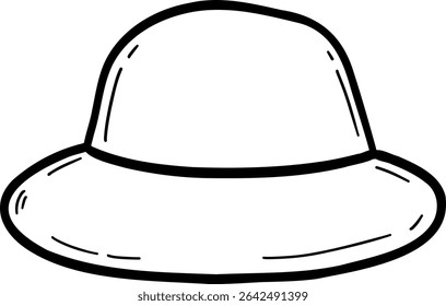 Hand drawn clothes and accessories outline doodle, Cartoon-style hat illustration with a wide brim and rounded crown.