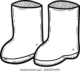 Hand drawn clothes and accessories outline doodle, Footwear illustration of two white rubber boots.
