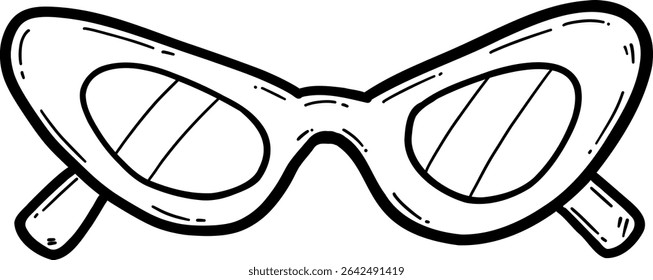 Hand drawn clothes and accessories outline doodle, Stylish cat-eye sunglasses illustration in black and white.