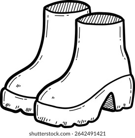 Hand drawn clothes and accessories outline doodle, Stylish high-heeled ankle boots in a minimalist design.