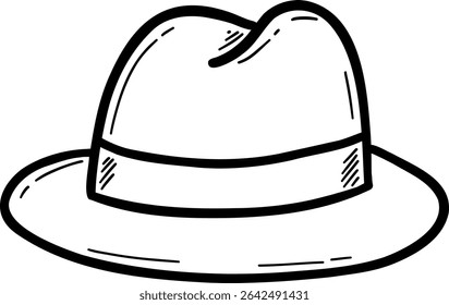 Hand drawn clothes and accessories outline doodle, Stylish fedora hat with a wide brim and decorative band.
