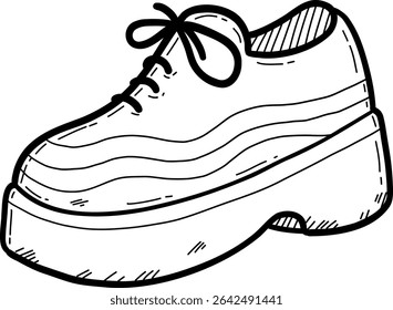 Hand drawn clothes and accessories outline doodle, Cartoon-style illustration of a stylish shoe with thick sole.