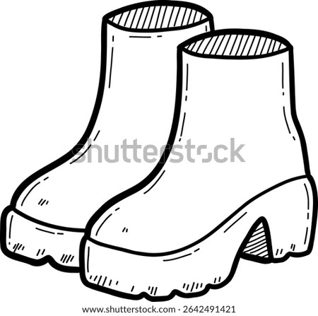 Hand drawn clothes and accessories outline doodle, Stylish high-heeled ankle boots in a minimalist design.