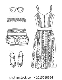 Hand drawn clothes set. Fashion tips. Sketch for anti-stress adult coloring book in zen-tangle style. Vector illustration for coloring page. 