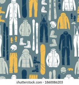 Hand drawn clothing and equipment for skiers and snowboarders.  
Vector seamless pattern.
