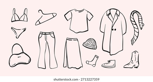 Hand drawn clothing set with jackets, skirts, jeans, dresses, shoes, accessories, and hangers. Perfect for fashion branding, and design. Vector illustration.