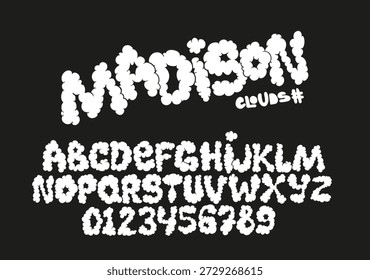 Dibujado a mano el alfabeto de la nube. Letras y números de burbujas juguetones. Conjunto de alfabeto retro de moda. Ilustración vectorial.