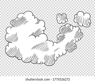 Nube dibujada a mano al estilo de las caricaturas. Esbozo en el cielo del Doodle. Elemento de diseño de color. Ilustración del vector sobre fondo transparente