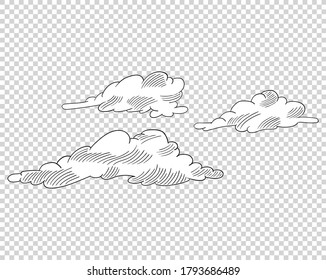 Nube dibujada a mano al estilo de las caricaturas. Esbozo en el cielo del Doodle. Elemento de diseño de color. Ilustración del vector sobre fondo transparente