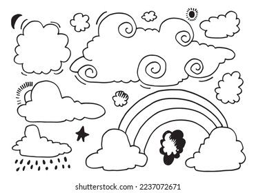 Hand drawn cloud collection. Flat style vector illustration on white background.