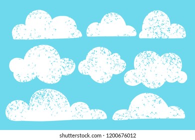 Hand drawn cloud collection. Textured simple elements for design. Set of various shapes flat clouds with texture. Monochrome icons.