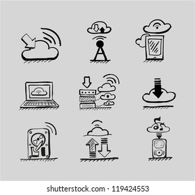 Hand drawn cloud concepts vector black icon set