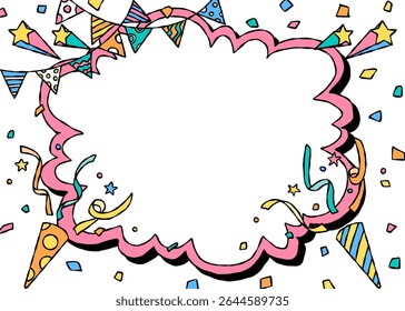 Hand Drawn Cloud Frame and Decoration, Pop Background Frame, Garland, Party Popper, Confetti, Comic Style