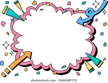 Handgezeichneter Cloud-Rahmen und Dekoration, Pop-Hintergrundrahmen, Pfeil, Konfetti, Comic-Stil
