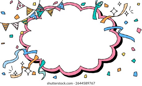 Hand Drawn Cloud Frame and Decoration, Pop Background Frame, Ribbon, Garland, Confetti, Comic Style