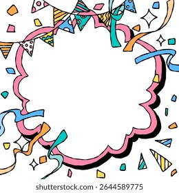 Hand Drawn Cloud Frame and Decoration, Pop Background Frame, Ribbon, Garland, Confetti, Comic Style, Square Size