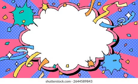 Hand Drawn Cloud Frame and Decoration, Pop Background Frame, Sunburst, Ribbon, Confetti, Comic Style