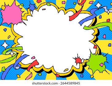 Hand Drawn Cloud Frame and Decoration, Pop Background Frame, Sunburst, Ribbon, Confetti, Comic Style