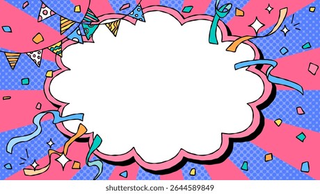 Hand Drawn Cloud Frame and Decoration, Pop Background Frame, Sunburst, Ribbon, Garland, Confetti, Comic Style