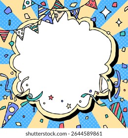 Hand Drawn Cloud Frame and Decoration, Pop Background Frame, Sunburst, Garland, Party Popper, Confetti, Comic Style, Square Size
