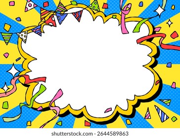 Dibujado a mano marco de la nube y decoración, marco de fondo Pop, Sunburst, cinta, guirnalda, confeti, estilo cómico