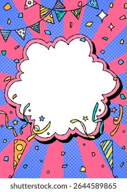 Hand Drawn Cloud Frame and Decoration, Pop Background Frame, Sunburst, Garland, Party Popper, Confetti, Comic Style, Vertical
