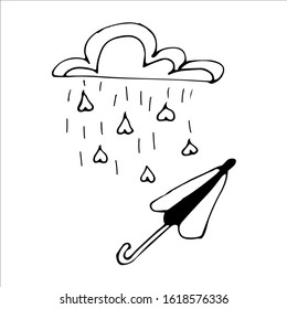Hand drawn cloud with hearts rain for Valentine's day plus outline umbrella