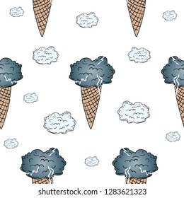 Hand Drawn cloud icecream with spring lightning in air. Doodle pattern. Illustrations Drawing a Vector Sketch for textile, print, postcard, poster, apparel, t-shirt