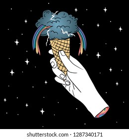 Hand Drawn cloud icecream with spring lightning and colorful rainbow inside in space. Doodle card. Illustrations Drawing a Vector Sketch for textile, print, postcard, poster, apparel, t-shirt