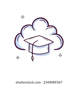 Hand Drawn Cloud icon With Graduation Cap. Doodle Sketch Vector Illustration
