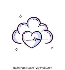 Hand Drawn Cloud Icon With Heart Beat Pulse. Doodle Sketch Vector Illustration