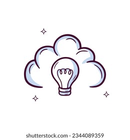 Hand Drawn Cloud Icon With Lighbulb. Doodle Sketch Vector Illustration