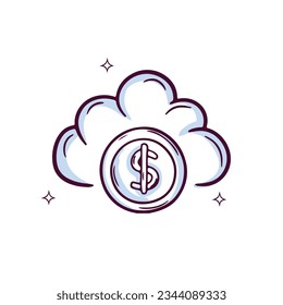 Hand Drawn Cloud Icon With Money Coin. Doodle Sketch Vector Illustration