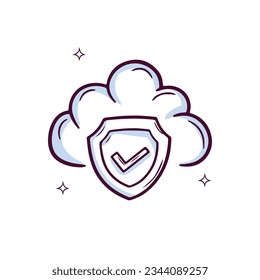 Hand Drawn Cloud icon With Shield And Check Mark. Doodle Sketch Vector Illustration