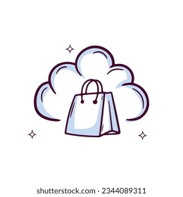 Icono de nube de mano dibujado con bolsa de compra. Ilustración del vector de esbozo de Doodle