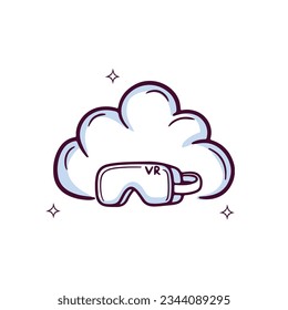 Hand Drawn Cloud Icon With Virtual Reality Headset. Doodle Sketch Vector Illustration