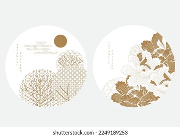Hand drawn cloud with Japanese cloud and flower pattern vector. Oriental decoration with logo design, flyer, banner or presentation in vintage style. Brown watercolor texture.