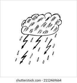 Hand drawn cloud with precipitation. Rain, snow, thunderstorm. Doodle sketch vector illustration.