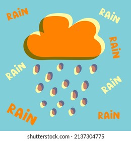 Hand drawn cloud with rain drops in orange and blue colors. Simple illustration, design element.