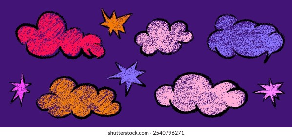 Hand drawn cloud scribble crayon set. Squiggle, scratch doodle kid cloud and star set. Crayon scratch texture shape children kid naive. Vector illustration