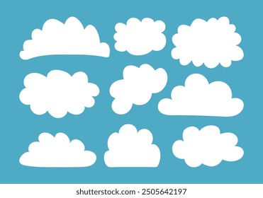 Hand drawn Cloud set in flat design. White weather element on blur background. Empty textbox.