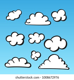 Hand drawn cloud set vector illustration isolated on blue gradient background. Soft, light, cute clouds