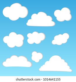 Hand drawn cloud set vector illustration isolated on blue gradient background. Soft, light, cute clouds with light shadow.