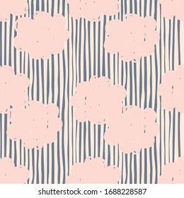 Hand drawn cloud sky seamless pattern on black stripes background. Abstract cloudy texture wallpaper.  Doodle vector illustration. Design for fabric, textile print, wrapping paper, childish textiles.